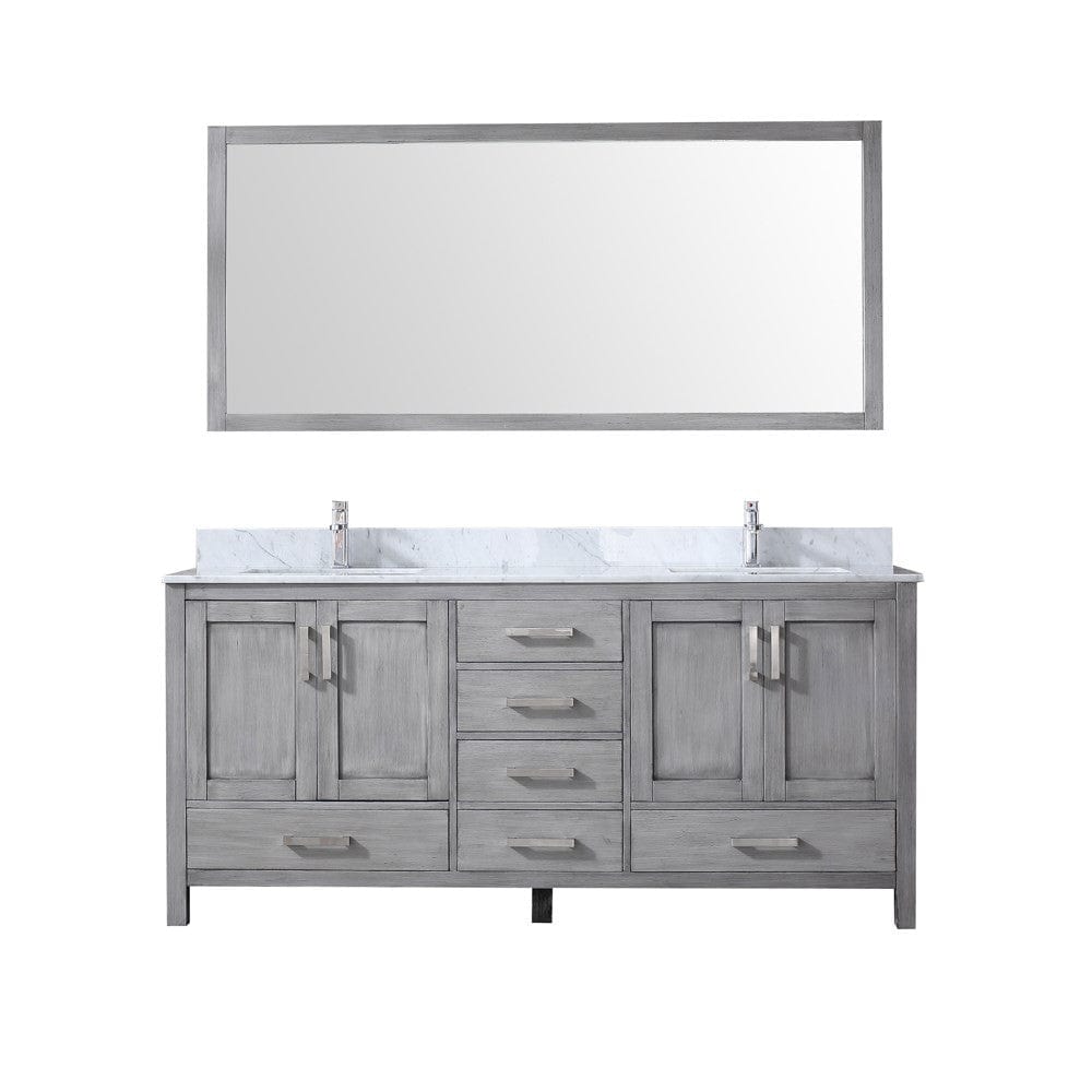 Lexora Jacques 72" Distressed Grey Double Vanity Set | White Carrara Marble Top | White Ceramic Square Undermount Sinks | 70" Mirror