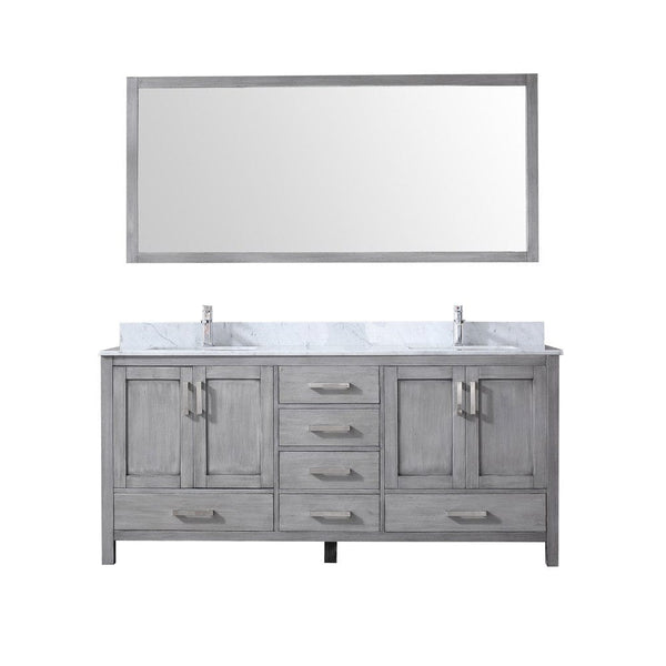 Lexora Jacques 72 Distressed Grey Double Vanity Set | White Carrara Marble Top | White Ceramic Square Undermount Sinks | 70 Mirror