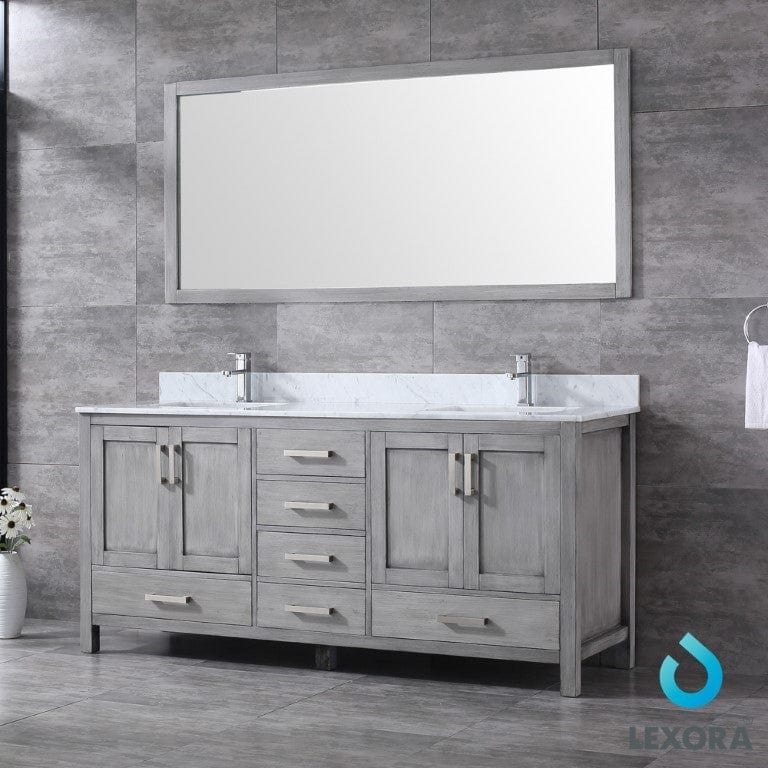 Lexora Jacques 72" Distressed Grey Double Vanity Set | White Carrara Marble Top | White Ceramic Square Undermount Sinks | 70" Mirror