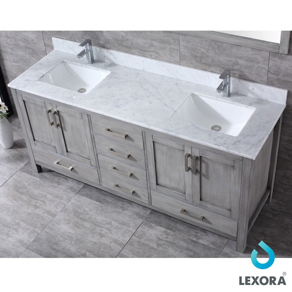 Lexora Jacques 72" Distressed Grey Double Vanity Set | White Carrara Marble Top | White Ceramic Square Undermount Sinks | 70" Mirror