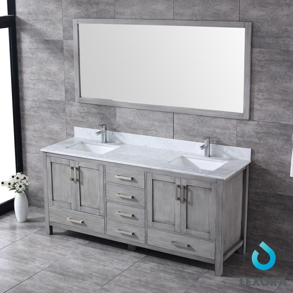 Lexora Jacques 72" Distressed Grey Double Vanity Set | White Carrara Marble Top | White Ceramic Square Undermount Sinks | 70" Mirror