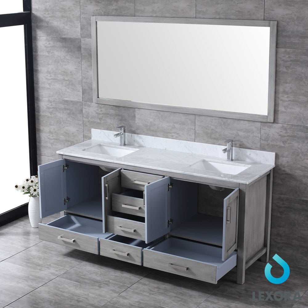 Lexora Jacques 72" Distressed Grey Double Vanity Set | White Carrara Marble Top | White Ceramic Square Undermount Sinks | 70" Mirror