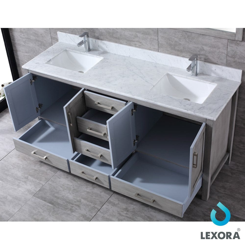 Lexora Jacques 72" Distressed Grey Double Vanity Set | White Carrara Marble Top | White Ceramic Square Undermount Sinks | 70" Mirror