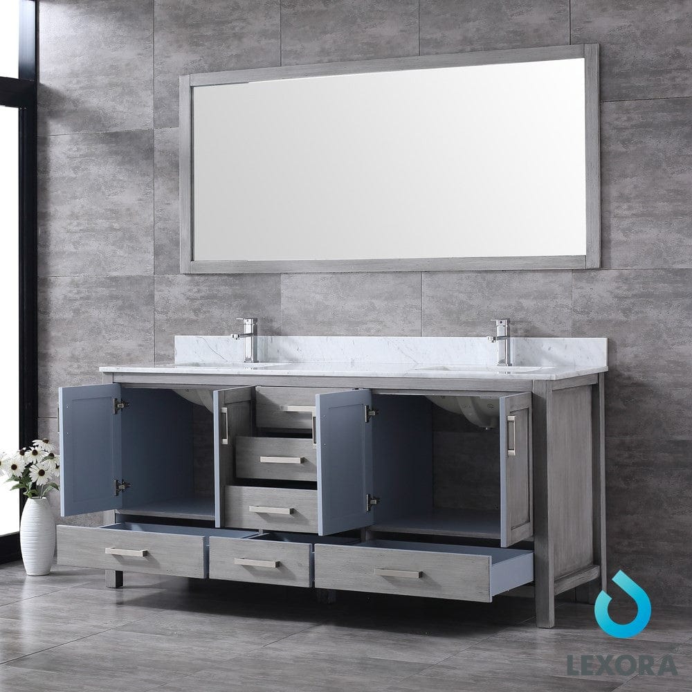 Lexora Jacques 72" Distressed Grey Double Vanity Set | White Carrara Marble Top | White Ceramic Square Undermount Sinks | 70" Mirror