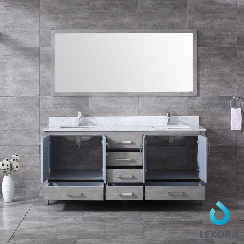 Lexora Jacques 72" Distressed Grey Double Vanity Set | White Carrara Marble Top | White Ceramic Square Undermount Sinks | 70" Mirror