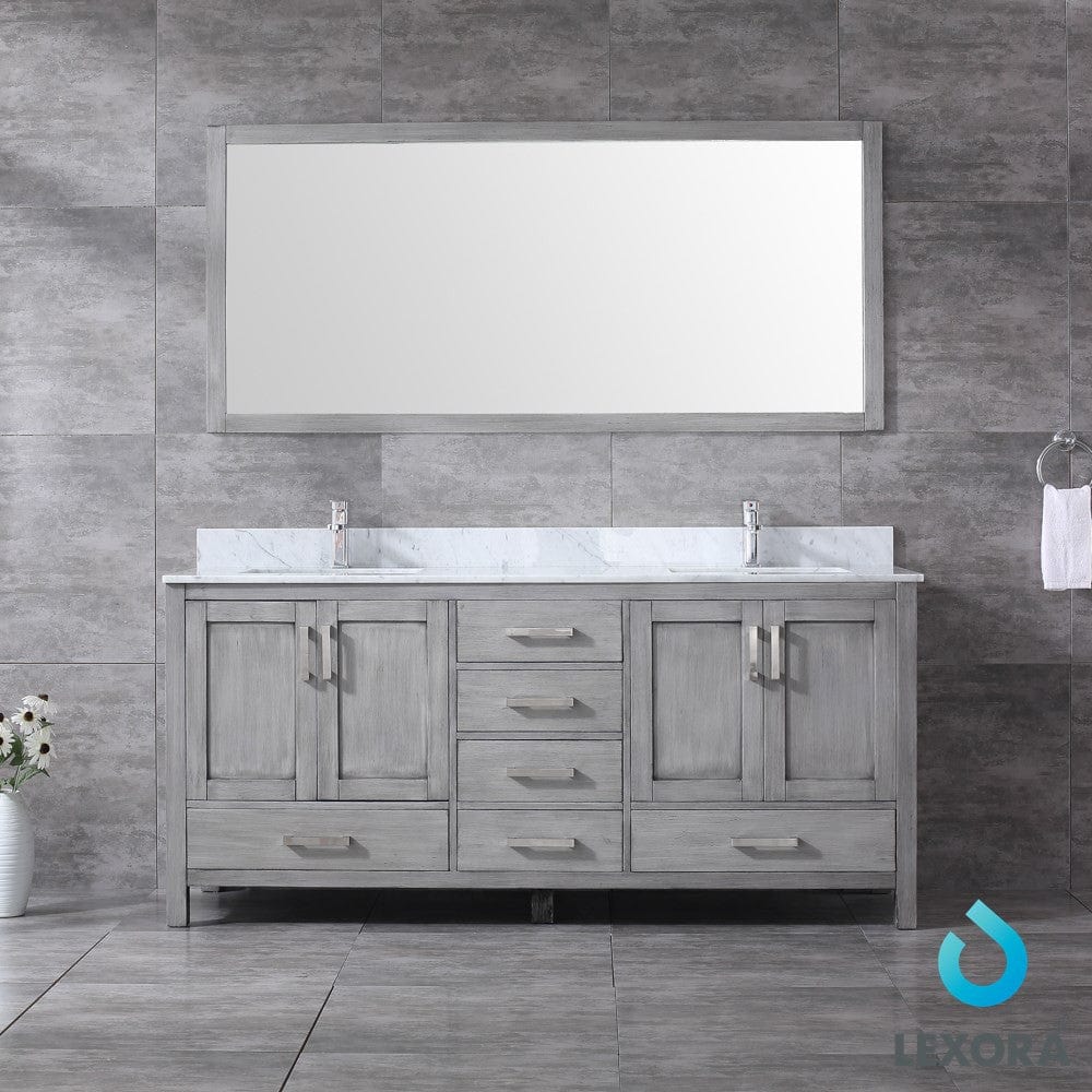 Lexora Jacques 72" Distressed Grey Double Vanity Set | White Carrara Marble Top | White Ceramic Square Undermount Sinks | 70" Mirror