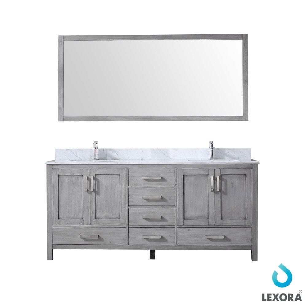 Lexora Jacques 72" Distressed Grey Double Vanity Set | White Carrara Marble Top | White Ceramic Square Undermount Sinks | 70" Mirror