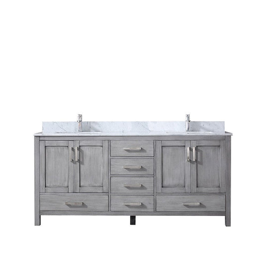 Lexora Jacques 72" Distressed Grey Double Vanity | White Carrara Marble Top | White Ceramic Square Undermount Sinks | No Mirror