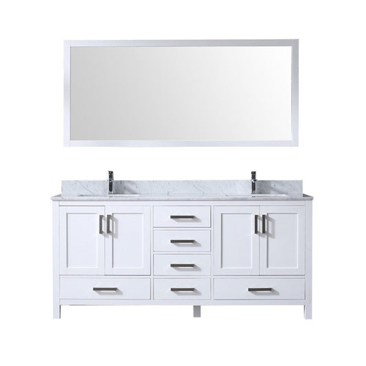 Lexora Vanities Lexora Jacques 72" White Double Vanity Set | White Carrara Marble Top | White Ceramic Square Undermount Sinks | 70" Mirror