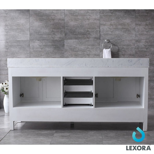 Lexora Jacques 72" White Double Vanity Set | White Carrara Marble Top | White Ceramic Square Undermount Sinks | 70" Mirror