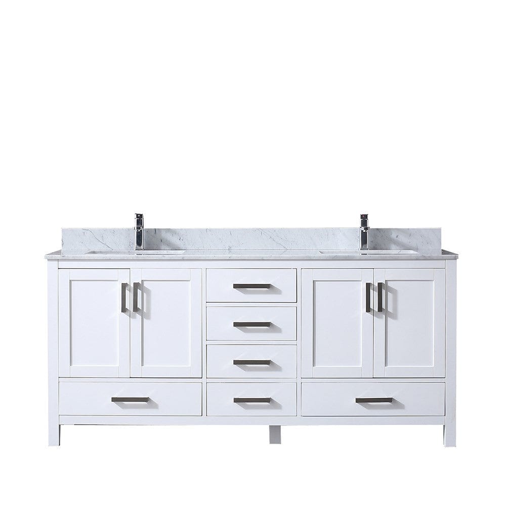 Lexora Jacques 72" White Double Vanity | White Carrara Marble Top | White Ceramic Square Undermount Sinks | No Mirror