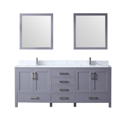 Lexora Jacques 80" Dark Grey Double Vanity Set | White Carrara Marble Top | White Ceramic Square Undermount Sinks | 30" Mirrors