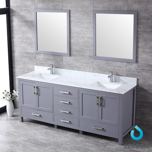 Lexora Jacques 80" Dark Grey Double Vanity Set | White Carrara Marble Top | White Ceramic Square Undermount Sinks | 30" Mirrors