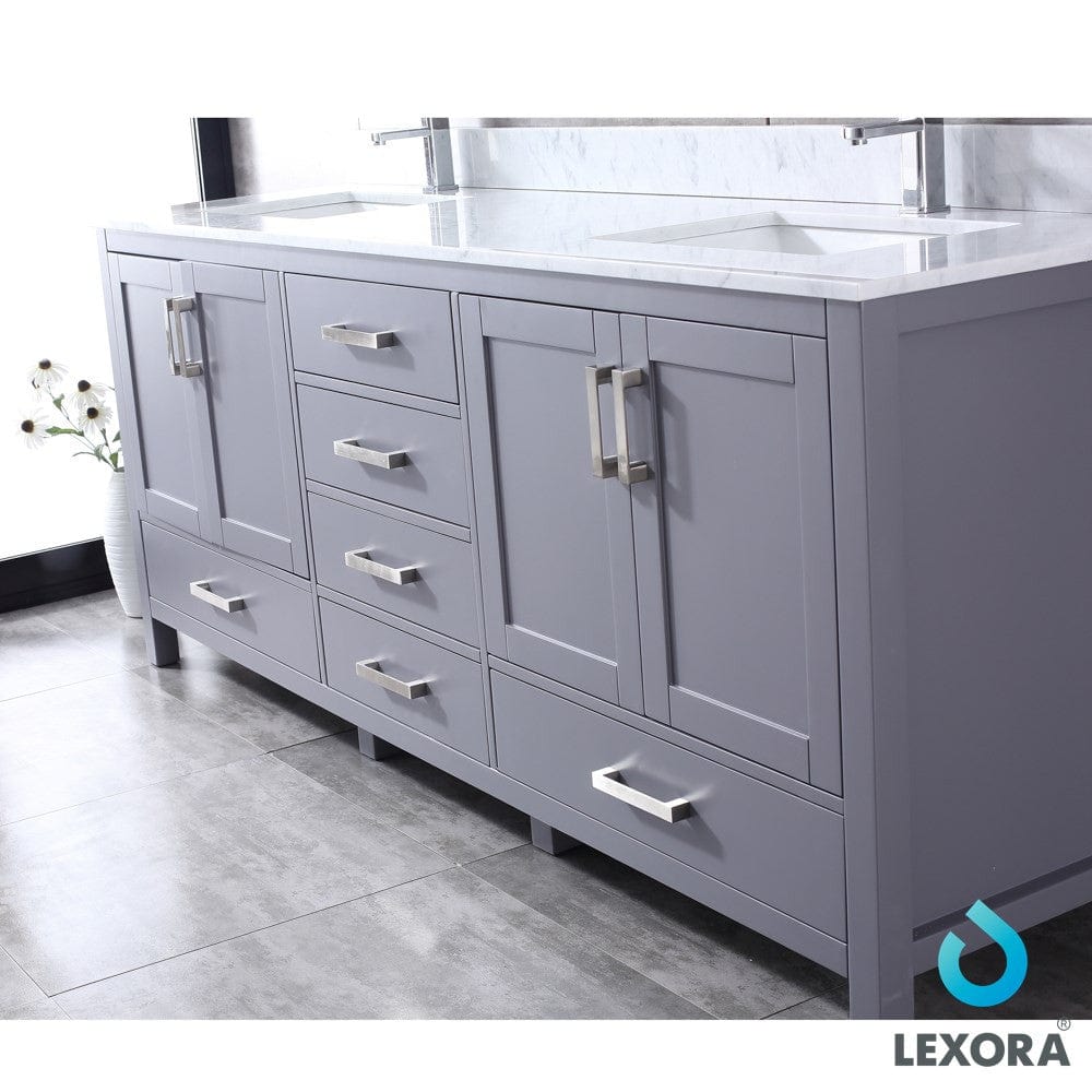 Lexora Jacques 80" Dark Grey Double Vanity Set | White Carrara Marble Top | White Ceramic Square Undermount Sinks | 30" Mirrors