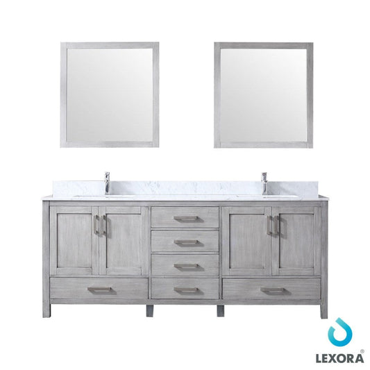 Lexora Jacques 80" Distressed Grey Double Vanity Set | White Carrara Marble Top | White Ceramic Square Undermount Sinks | 30" Mirrors