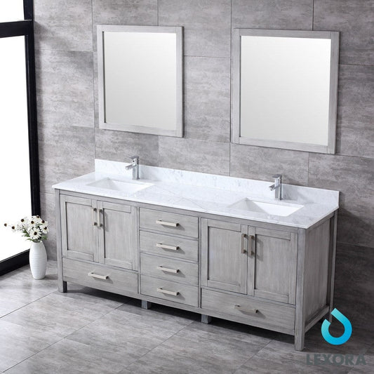 Lexora Jacques 80" Distressed Grey Double Vanity Set | White Carrara Marble Top | White Ceramic Square Undermount Sinks | 30" Mirrors