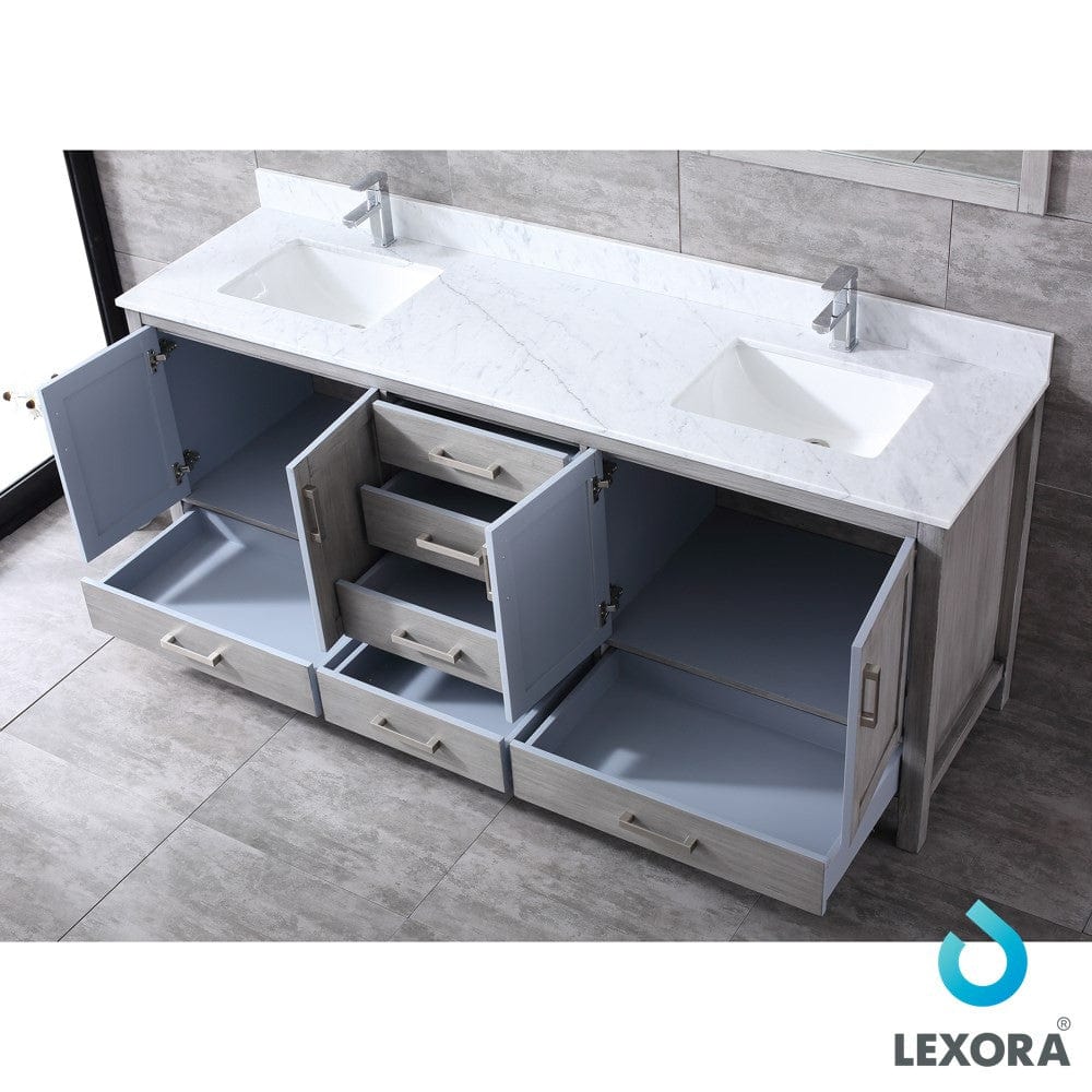 Lexora Jacques 80" Distressed Grey Double Vanity Set | White Carrara Marble Top | White Ceramic Square Undermount Sinks | 30" Mirrors