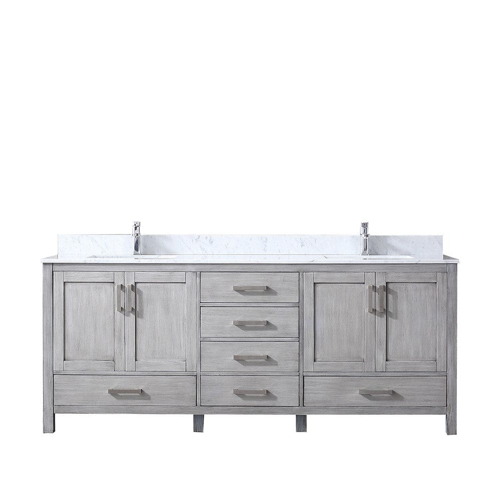 Lexora Jacques 80" Distressed Grey Double Vanity | White Carrara Marble Top | White Ceramic Square Undermount Sinks | No Mirror