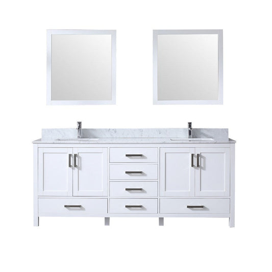 Lexora Jacques 80" White Double Vanity Set | White Carrara Marble Top | White Ceramic Square Undermount Sinks | 30" Mirrors