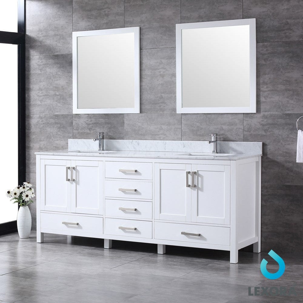Lexora Jacques 80" White Double Vanity Set | White Carrara Marble Top | White Ceramic Square Undermount Sinks | 30" Mirrors