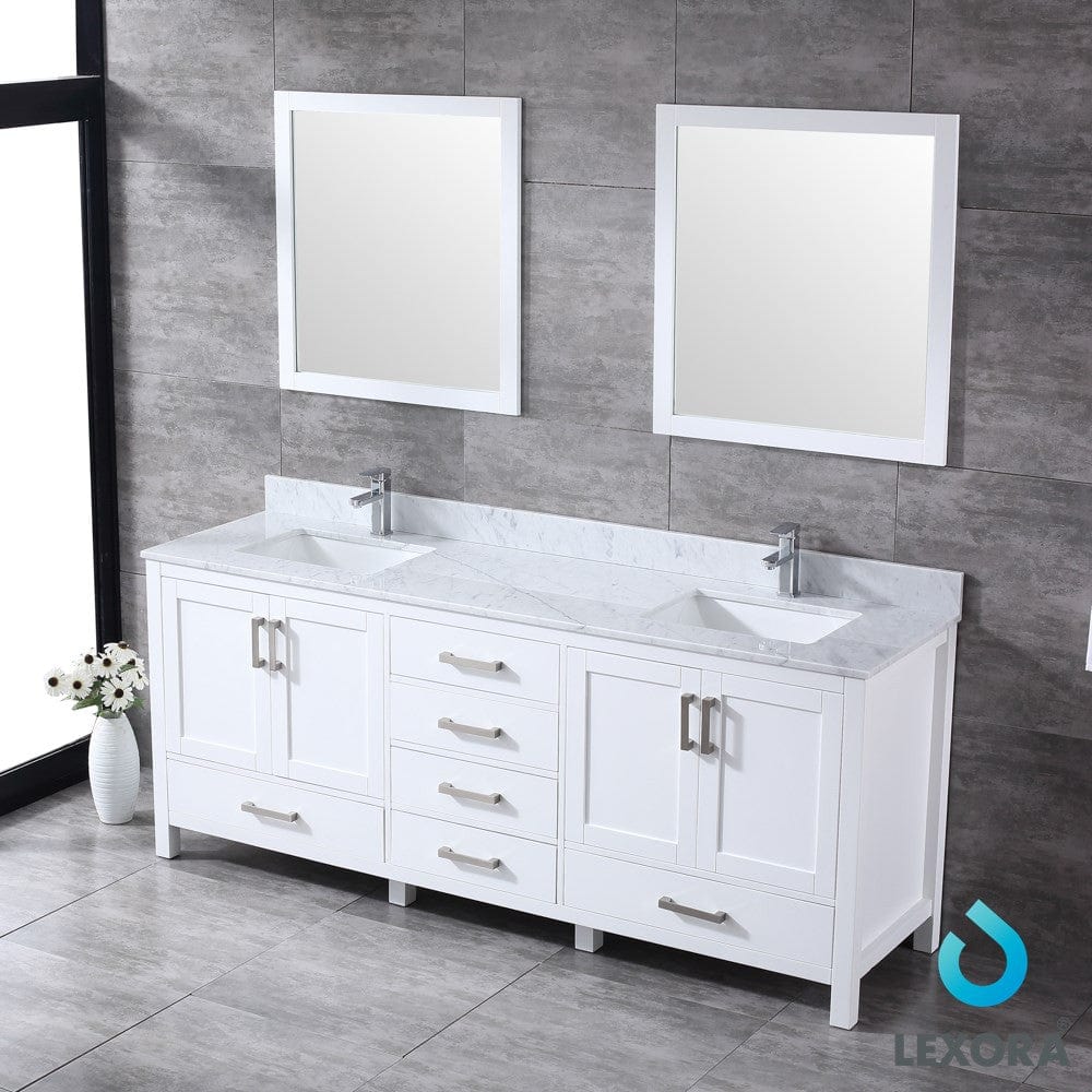 Lexora Jacques 80" White Double Vanity Set | White Carrara Marble Top | White Ceramic Square Undermount Sinks | 30" Mirrors