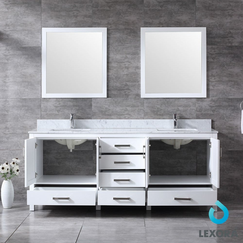 Lexora Jacques 80" White Double Vanity Set | White Carrara Marble Top | White Ceramic Square Undermount Sinks | 30" Mirrors
