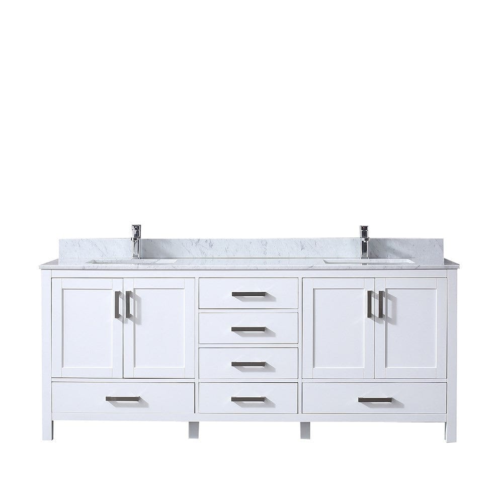 Lexora Jacques 80" White Double Vanity | White Carrara Marble Top | White Ceramic Square Undermount Sinks | No Mirror