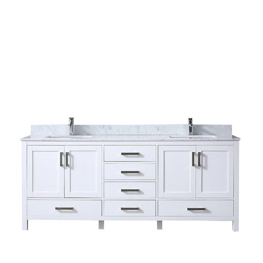 Lexora Jacques 80" White Double Vanity | White Carrara Marble Top | White Ceramic Square Undermount Sinks | No Mirror