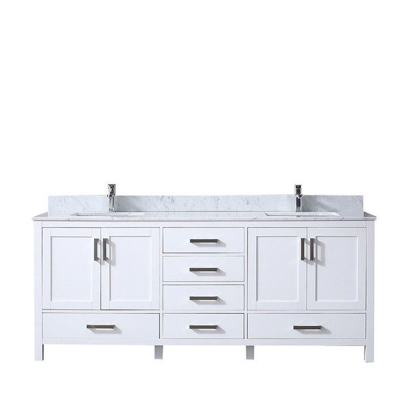 Lexora Jacques 80 White Double Vanity | White Carrara Marble Top | White Ceramic Square Undermount Sinks | No Mirror