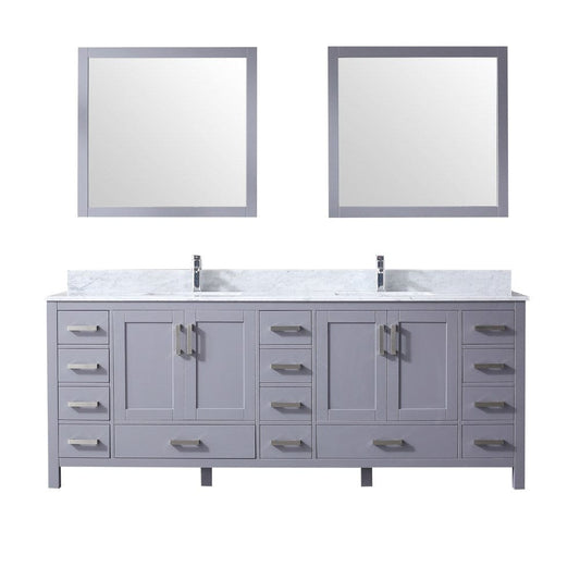 Lexora Jacques 84" Dark Grey Double Vanity Set | White Carrara Marble Top | White Ceramic Square Undermount Sinks | 34" Mirrors