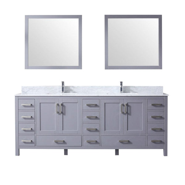 Lexora Jacques 84 Dark Grey Double Vanity Set | White Carrara Marble Top | White Ceramic Square Undermount Sinks | 34 Mirrors