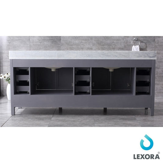 Lexora Jacques 84" Dark Grey Double Vanity Set | White Carrara Marble Top | White Ceramic Square Undermount Sinks | 34" Mirrors