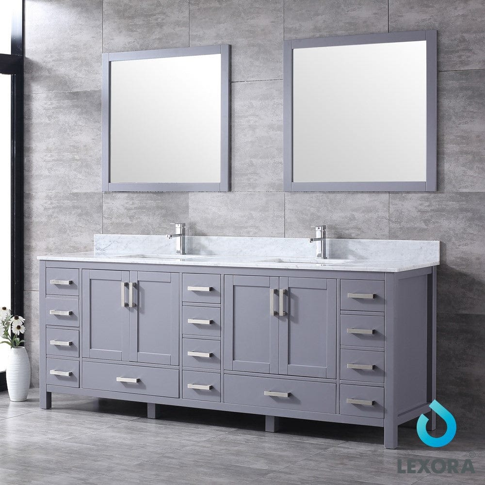 Lexora Jacques 84" Dark Grey Double Vanity Set | White Carrara Marble Top | White Ceramic Square Undermount Sinks | 34" Mirrors