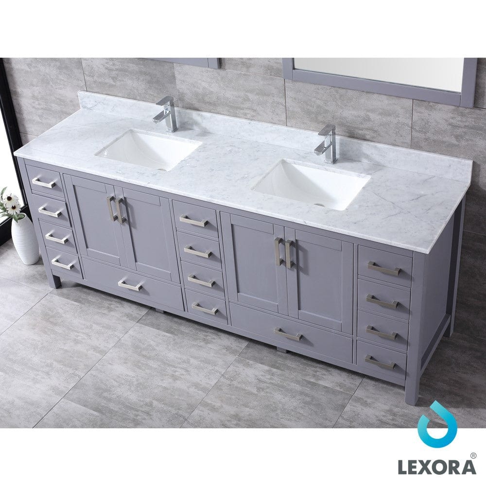 Lexora Jacques 84" Dark Grey Double Vanity Set | White Carrara Marble Top | White Ceramic Square Undermount Sinks | 34" Mirrors