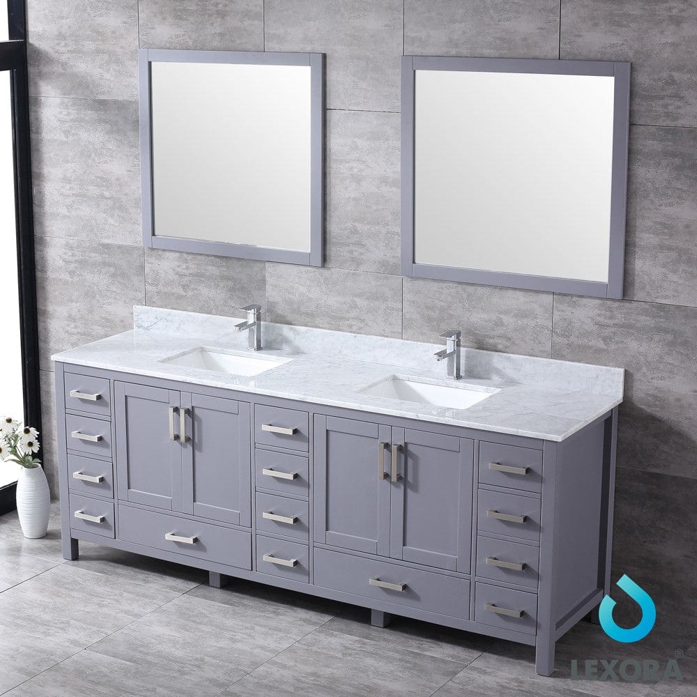 Lexora Jacques 84" Dark Grey Double Vanity Set | White Carrara Marble Top | White Ceramic Square Undermount Sinks | 34" Mirrors