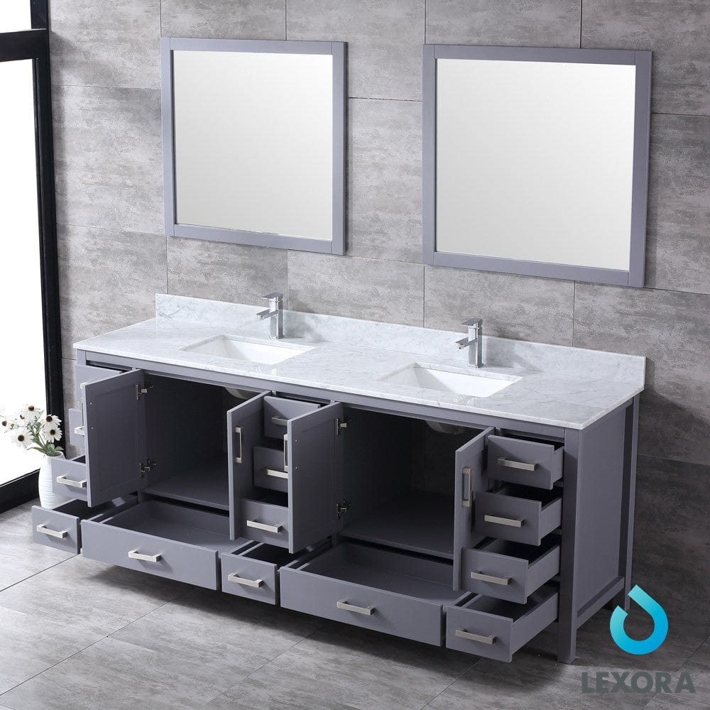 Lexora Jacques 84" Dark Grey Double Vanity Set | White Carrara Marble Top | White Ceramic Square Undermount Sinks | 34" Mirrors