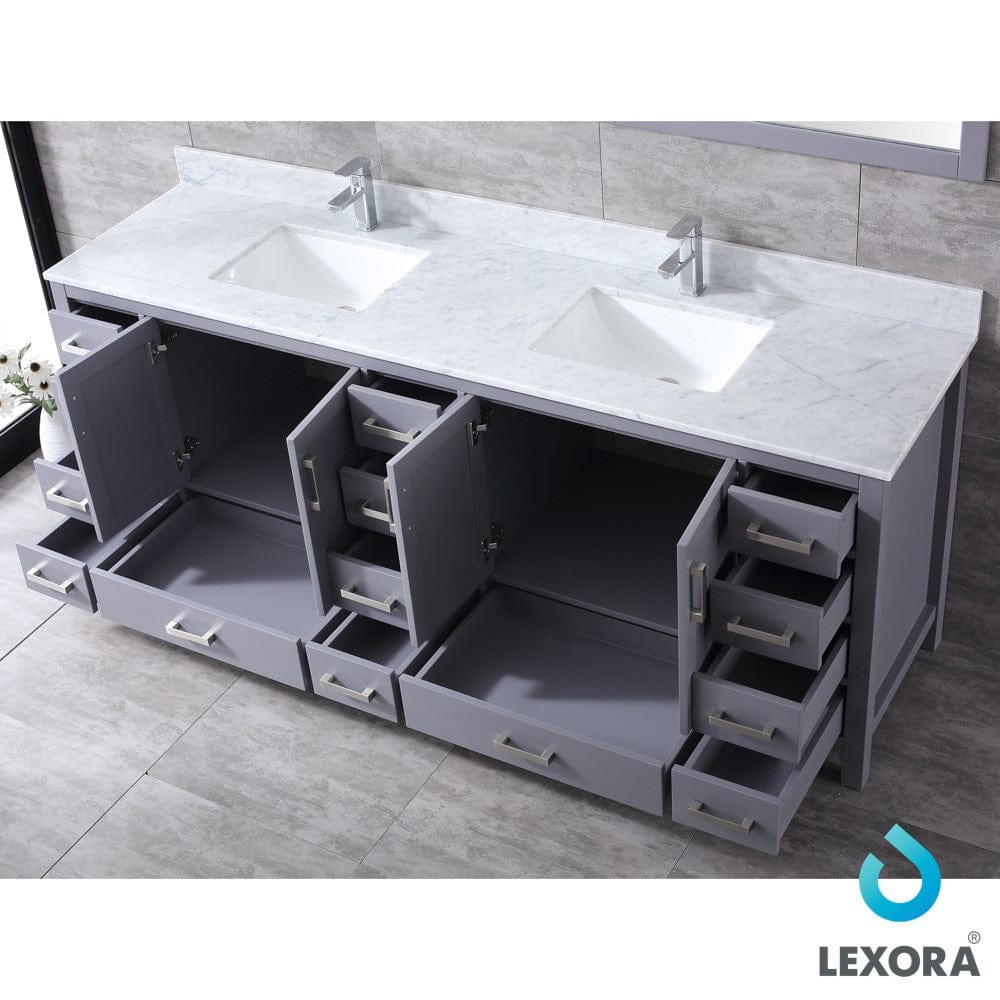 Lexora Jacques 84" Dark Grey Double Vanity Set | White Carrara Marble Top | White Ceramic Square Undermount Sinks | 34" Mirrors