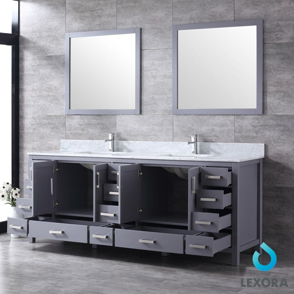 Lexora Jacques 84" Dark Grey Double Vanity Set | White Carrara Marble Top | White Ceramic Square Undermount Sinks | 34" Mirrors