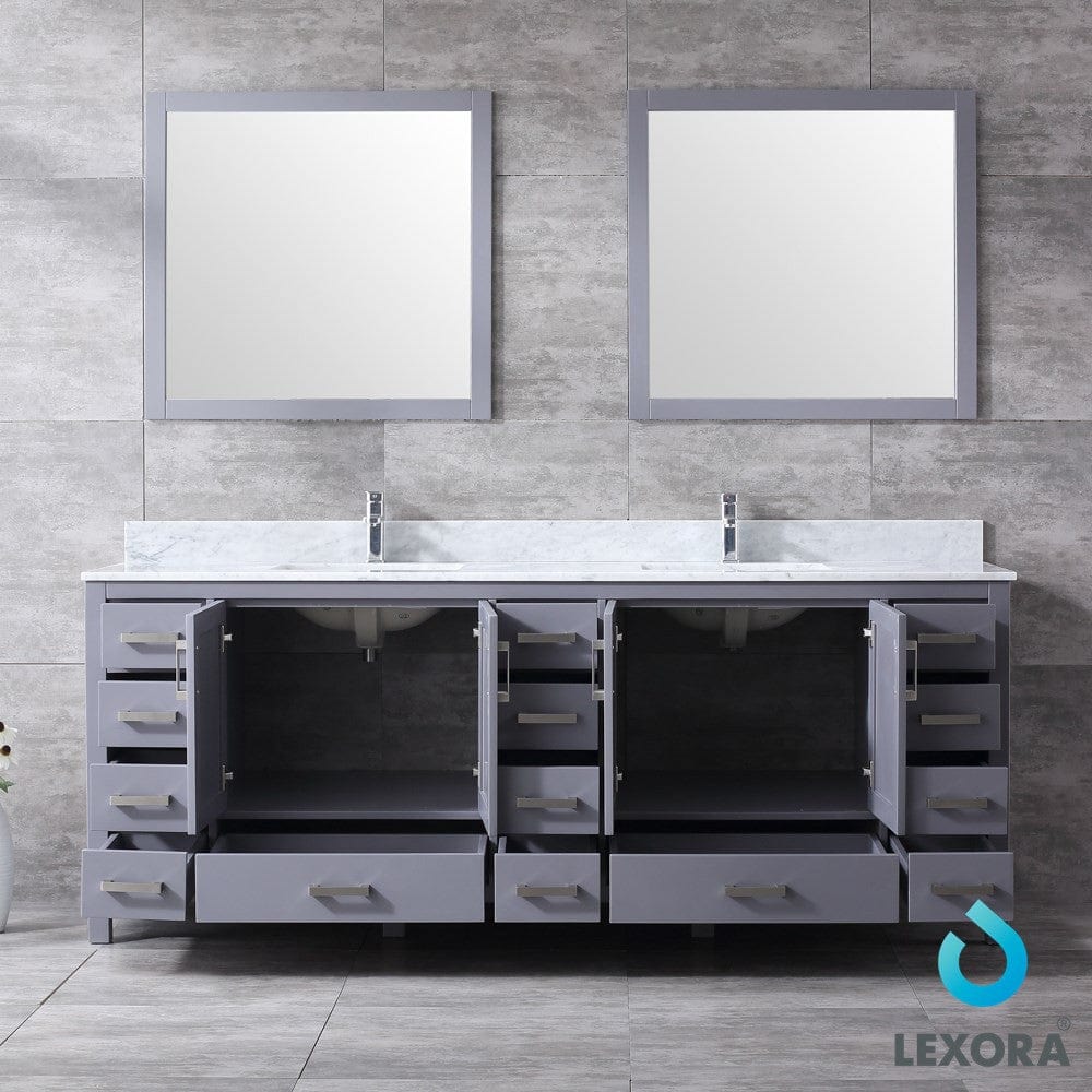 Lexora Jacques 84" Dark Grey Double Vanity Set | White Carrara Marble Top | White Ceramic Square Undermount Sinks | 34" Mirrors