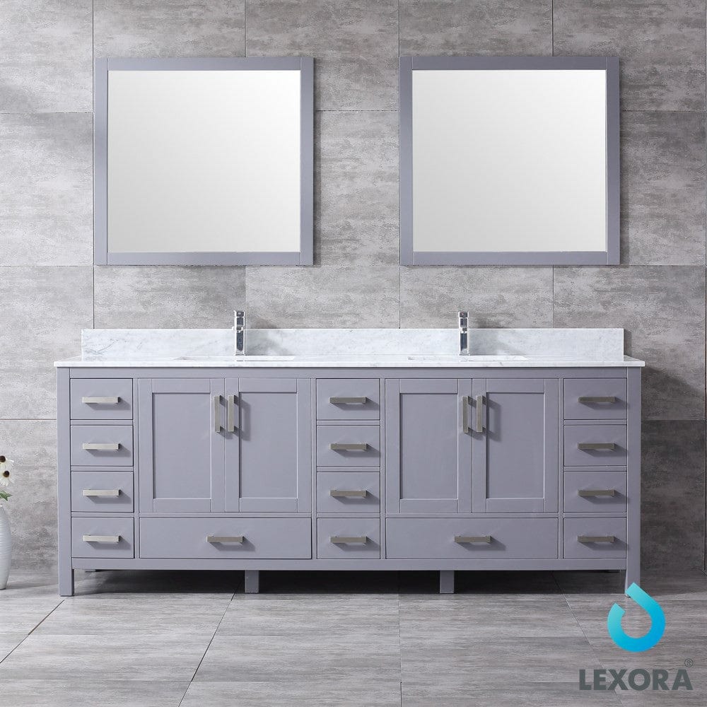 Lexora Jacques 84" Dark Grey Double Vanity Set | White Carrara Marble Top | White Ceramic Square Undermount Sinks | 34" Mirrors