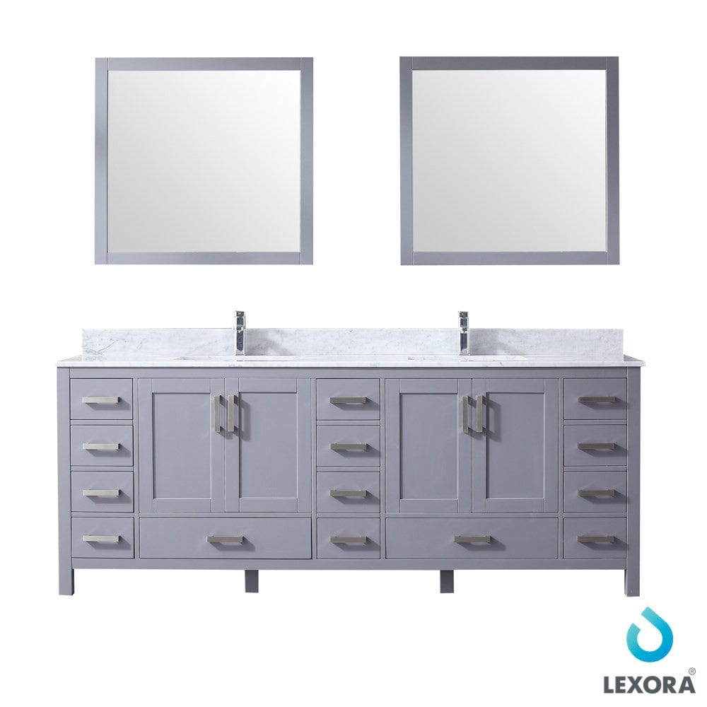 Lexora Jacques 84" Dark Grey Double Vanity Set | White Carrara Marble Top | White Ceramic Square Undermount Sinks | 34" Mirrors