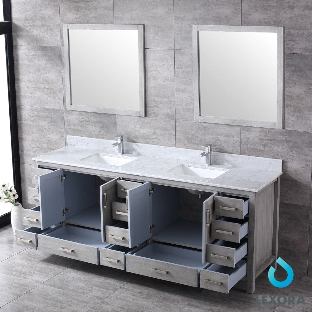 Lexora Jacques 84" Distressed Grey Double Vanity Set | White Carrara Marble Top | White Ceramic Square Undermount Sinks | 34" Mirrors