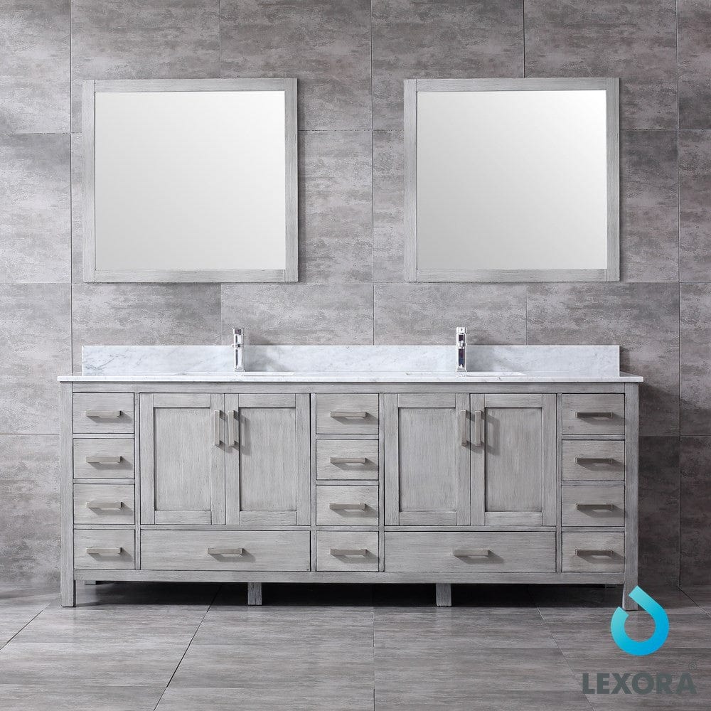 Lexora Jacques 84" Distressed Grey Double Vanity Set | White Carrara Marble Top | White Ceramic Square Undermount Sinks | 34" Mirrors