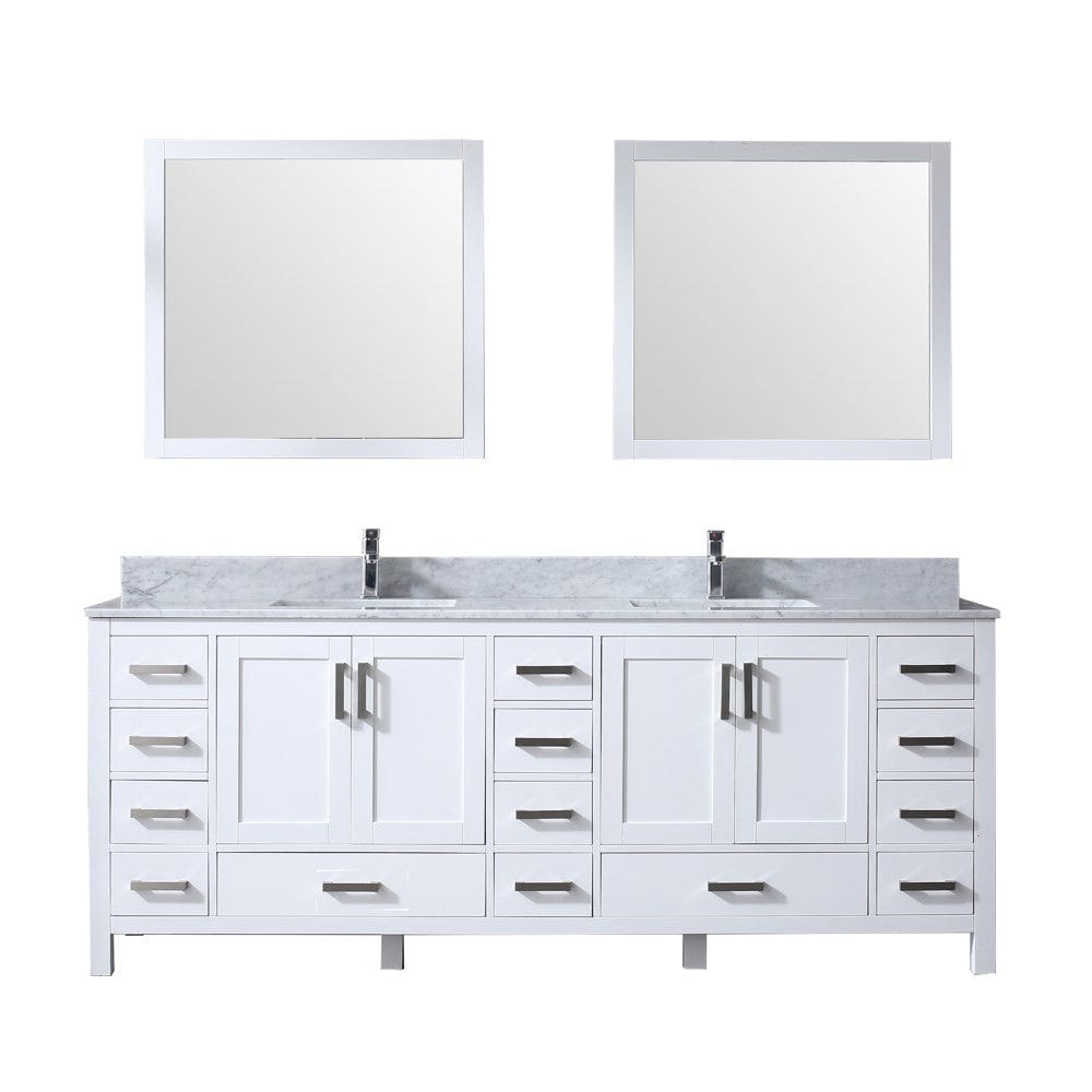 Lexora Jacques 84" White Double Vanity Set | White Carrara Marble Top | White Ceramic Square Undermount Sinks | 34" Mirrors