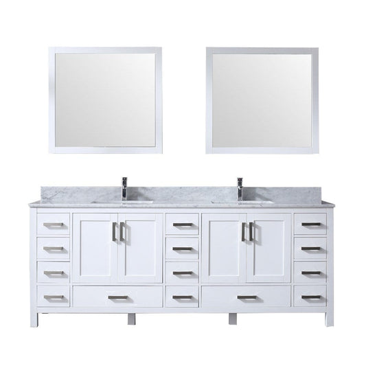 Lexora Jacques 84" White Double Vanity Set | White Carrara Marble Top | White Ceramic Square Undermount Sinks | 34" Mirrors