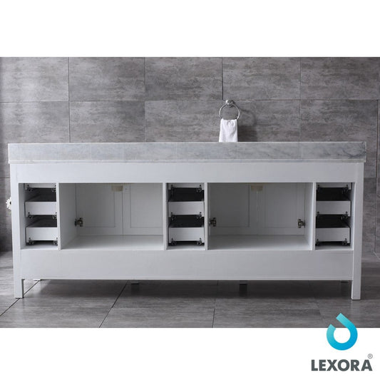 Lexora Jacques 84" White Double Vanity Set | White Carrara Marble Top | White Ceramic Square Undermount Sinks | 34" Mirrors