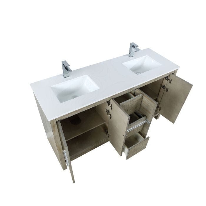 Lexora Vanities Lexora Lafarre Contemporary 60" Rustic Acacia Double Bathroom Vanity with White Quartz Top and Balzani Gun Metal Faucet