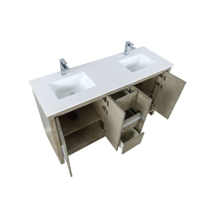 Lexora Lafarre Contemporary 60" Rustic Acacia Double Bathroom Vanity with White Quartz Top and Labaro Brushed Nickel Faucet
