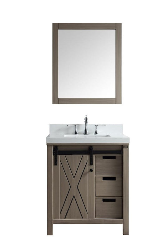 Lexora Marsyas 30" Ash Grey Single Vanity Set | White Carrara Marble Top | White Ceramic Square Undermount Sink | 28" Mirror