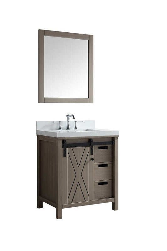 Lexora Marsyas 30" Ash Grey Single Vanity Set | White Carrara Marble Top | White Ceramic Square Undermount Sink | 28" Mirror